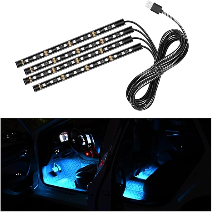 Car LED Strip Light, 48 LED RGB Auto Interior Atmosphere Lights, Cigarette Lighter Under Dash Ambient Night Light, Interior Lamp Lighting Kit (Ice Blue, USB)