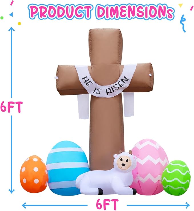 New 6FT Easter Inflatable Outdoor Decorations He is Risen Cross, Build-in LED Lights Holiday Blow Up Yard Decoration, for Easter Holiday Party, Outdoor,Garden, Yard Lawn Décor