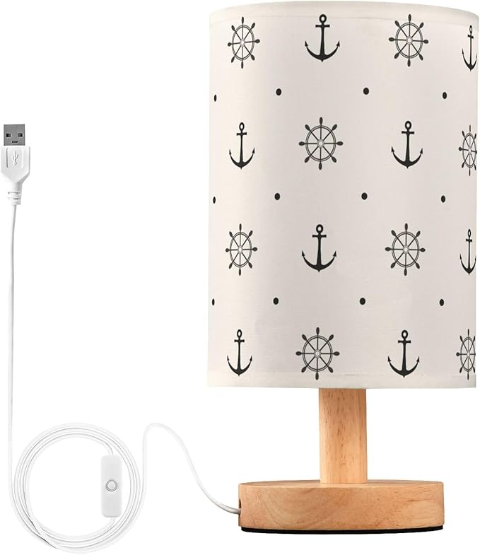 Anchor Wheel Polka Dot Nautical Retro Pattern Table Lamp with Wood Base Fabric Lamp Shade Bedside Nightstand Desk Lamp for Living Room Bedroom Kids Room Office