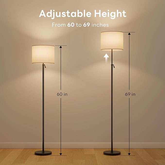 Smart Floor Lamp, Adjustable Height Standing Light with RGBCW Color Changing Bulb, Compatible with Alexa, Siri, Voice & App Control, Tall Lamp for Living Room, Bedroom, Office, Corner, Black