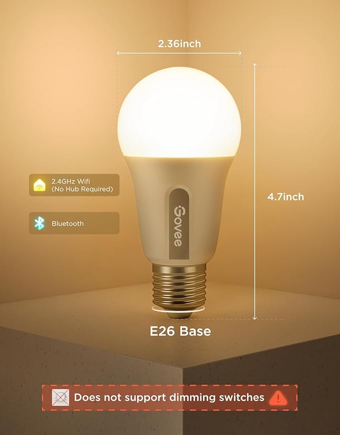 Govee Smart Light Bulbs, Color Changing Light Bulb, Work with Alexa and Google Assistant, 16 Million Colors RGBWW, WiFi & Bluetooth LED Light Bulbs, Music Sync, A19, 800 Lumens, 4 Pack