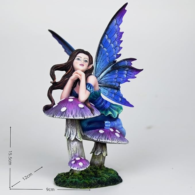 Fantasy Mushroom Fairy Figurine, 6.1 Inch Blue-Purple Gradient Elf Statue, Hand-Painted Resin Decor with 3D Mushroom Base for Fairy Garden, Desk, Living Room Display