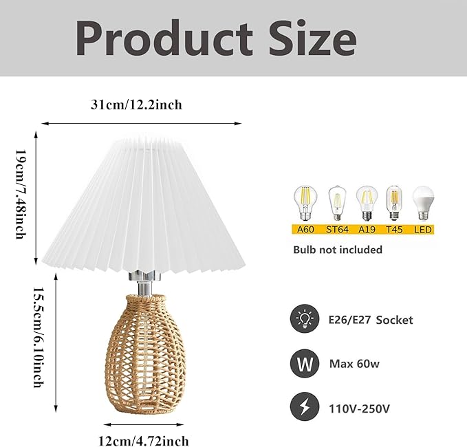 Pleated Table Lamp Wicker Woven Rattan Night Light, Modern Bedside Nightstand Lamp with White Scalloped Lampshade Rattan Metal Base, Desk Light for Bedroom Living Room Home Office Decor
