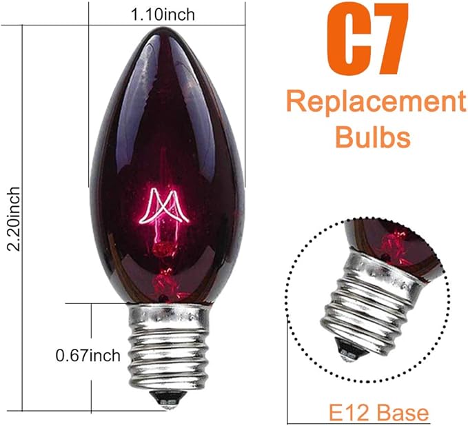 25 Pack C7 Black Halloween Replacement Bulbs C7 Clear Outdoor String Lights Replacement Bulbs, C7/E12 Candelabra Base, 5 Watt