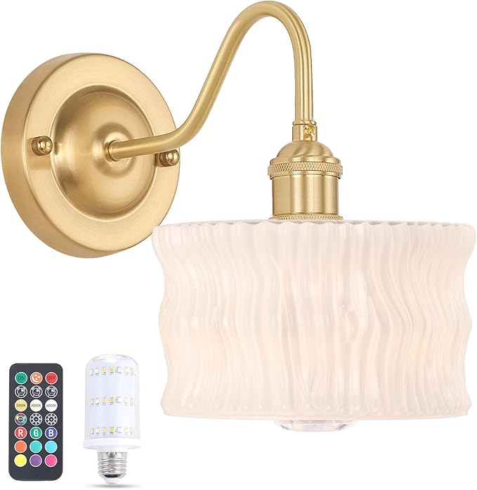 Battery Operated Wall Sconce, Vintage Rechargeable Wall Lights with White Ripple Glass Shade, Wireless Indoor Wall Lamp for Bedroom Living Room Bathroom Hallway