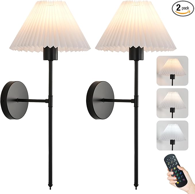 Battery Operated Wall Sconces Set of 2, Black Rechargeable Wall Lights with Pleated Shades, Dimmable Wall Lamp with Remote, Easy to Install, 15 Colors Wireless Lighting for Living Room Bedroom