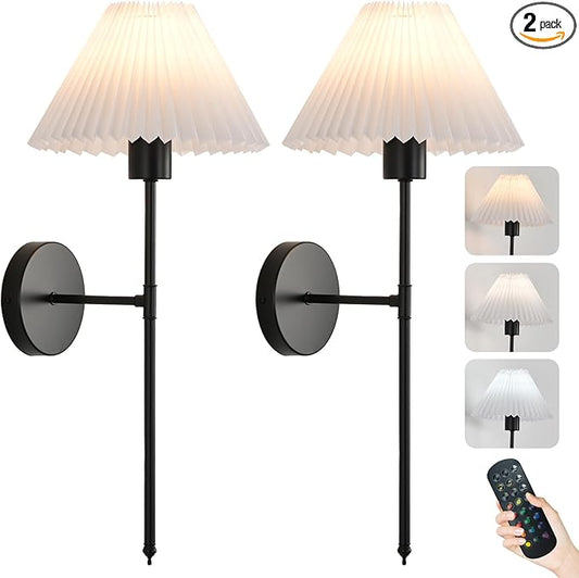 Battery Operated Wall Sconces Set of 2, Black Rechargeable Wall Lights with Pleated Shades, Dimmable Wall Lamp with Remote, Easy to Install, 15 Colors Wireless Lighting for Living Room Bedroom