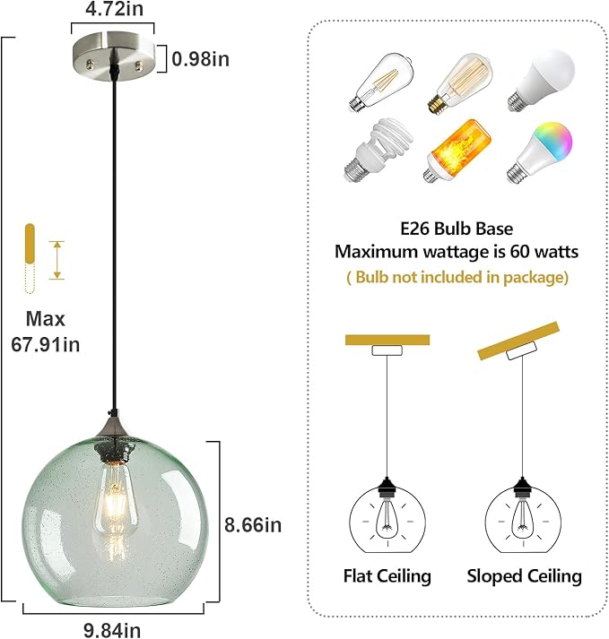 Light Green Glass Pendant Lights Kitchen Island Globe Pendant Light Fixtures Modern Pendant Lighting for Bedroom Living Dining Room Light Fixture (9.84 in, 1 Pack)