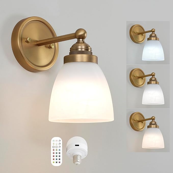 HEQIQEH Vintage Rechargeable Battery Operated Sconce with Alabaster Glass Shade, Cordless Dimmable Remote Control Wall Lighting Bell Shaped Wall Mounted Lamp for Indoor Bedroom Vanity Bathroom