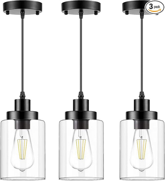 Industrial Pendant Lighting, Modern Clear Glass Shade Farmhouse Adjustable Hanging Light Fixtures for Kitchen Island Living Room Bedroom Hallway, 3-Pack