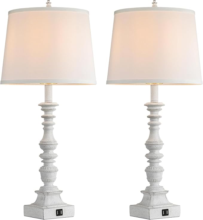 27.5'' Farmhouse Table Lamps Set of 2, Rustic Bedroom Lamps for Nightstand with Dual USB Charging, White Traditional Bedside Desk Lamps with Vintage Beige Fabric Shade for Living Room Kids Study Room