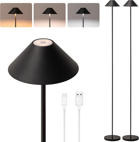 Rechargeable Floor Lamp for Indoor/Outdoor, Cordless Tall Standing Lamp with 3 Color Temps & Dimmable, IP43 Waterproof, Adjustable Height 16-59 Inch,LED Floor Lamp for Living Room, Patio(2 Pack)