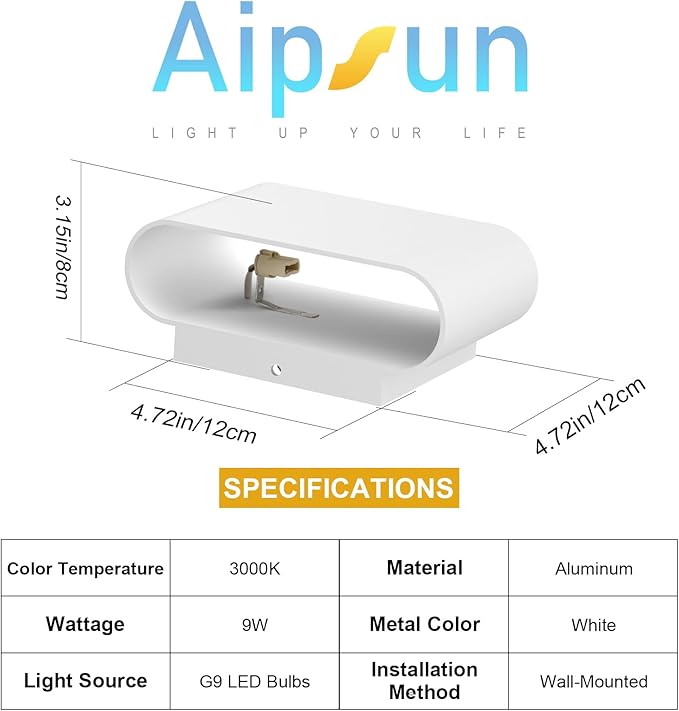 Aipsun Modern LED Wall Sconces 1 Pack Hardwired Interior Wall Lights Indoor Aluminum Up and Down Wall Mount Light for Living Room Bedroom Hallway Corridor Warm White 3000K(with G9 Bulbs)