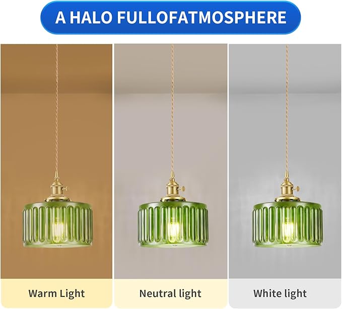 2 Pack Industrial Pendant Lighting, Modern Green Glass Shade Farmhouse Adjustable Hanging Light Fixtures for Kitchen Island Living Room Bedroom Hallway, Green