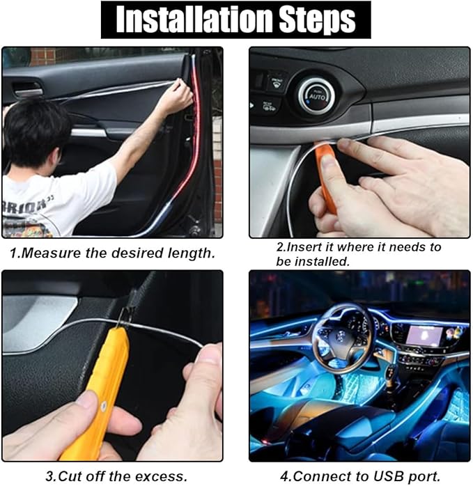 EL Wire Interior Car LED Strip Lights, USB Car Neon Light Strip with Sewing Edge, 16FT Neon Light 5V with Fuse Protection, Electroluminescent Car Indoor Decorations (Purple)