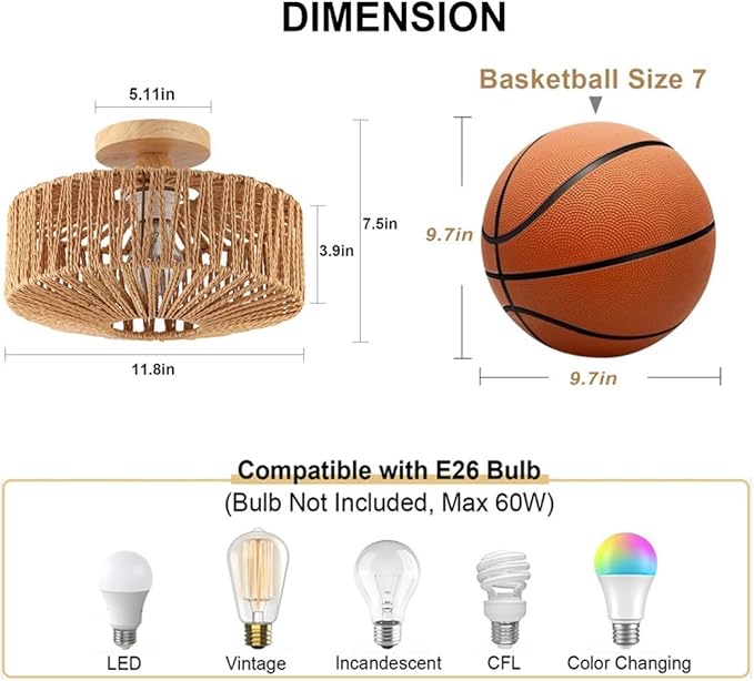 Boho Rattan Ceiling Light - Flush Mount Mini Chandelier Woven Light Fixture for Bedroom, Hallway, Entryway, Bathroom, Nursery