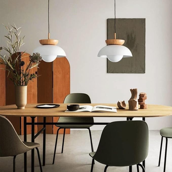 Scandinavian Modern Nordic Pendant Light with Wood Accent, Metal Dome & Frosted Globe Diffuser Suspension for Dining Table, Kitchen Island, Bedroom, Café and Entryway(White)