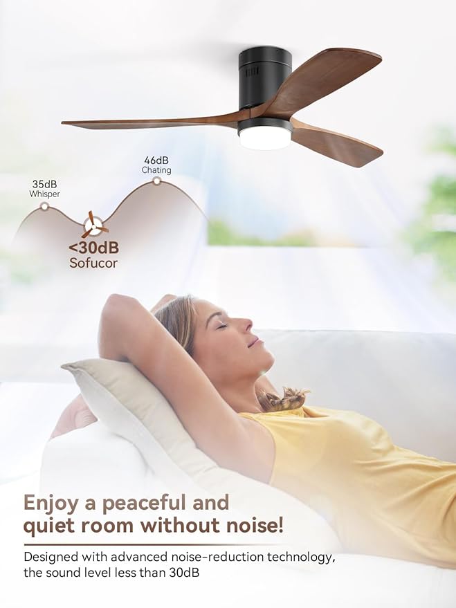 Sofucor 52 Inch Ceiling Fan with Lights and Remote, Flush Mount Low Profile Wood Ceiling Fan for Indoor Farmhouse Bedroom Living Room Outdoor Patio Porch, 3 Blades, Reversible DC Motor, Brown