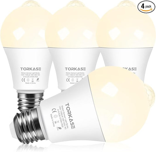 Torkase Motion Sensor Light Bulbs, 13W (100Watt Equivalent), Motion Activated Dusk to Dawn Security LED Bulb, 2700K Warm White, Energy-Efficient, for Indoor and Outdoor Lighting, Porch, Stairs 4Pack