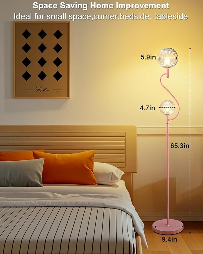 Lightdot Pink Floor Lamp, Mid Century Tall Standing Lamps with Globe Clear Glass Shade Soft Warm White Bulbs Included, Modern Unique Floor Lamp for Living Room/Bedroom/Sofa Beside/Corner Decor