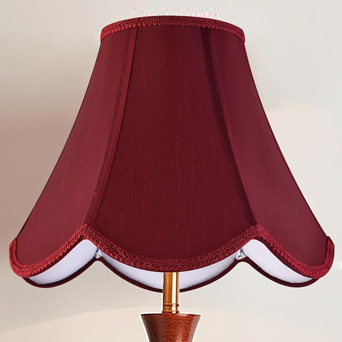 GO&SO Burgundy Scalloped Lamp Shade Bell Lamp Shades Petal Edge Braid,6"Top x 13"Bottom x 10.6"High (Spider) Table Lamp Shade Modern Floor Lamp Shade Replacement,Faux Silk Lampshades -Easy Assembly