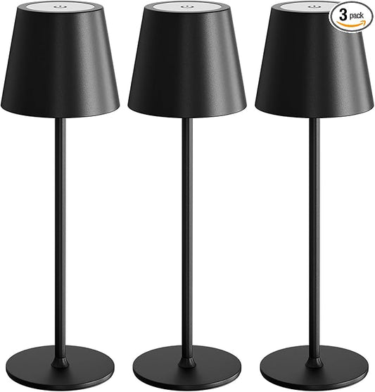 uuffoo 3 Pack Cordless Table Lamp Rechargeable 5000mAH Battery Operated Lights Touch Control LED Portable Desk Lamps 3 Color Dimming for Outdoor Coffee Bedroom Kitchen (Black)