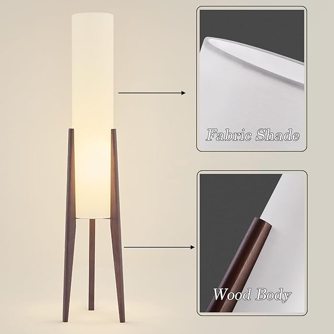 MIXL-Walnut Wood Finish Tripod Floor Lamp,Cylinder Shade Tall Standing Lamp,Rustic Living Room Floor Lamp,Vintage Style Standing Light for Bedroom Office