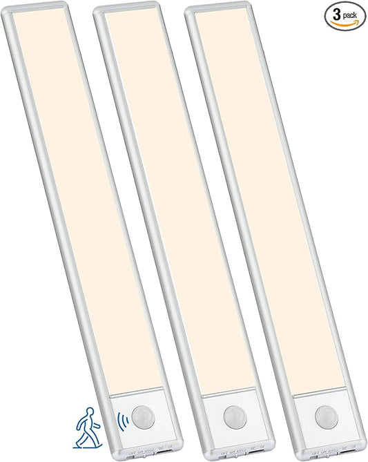 51-LED Motion Sensor Under Cabinet Lighting, 12-inch Magnetic Rechargeable Under Counter Closet Lights, Wireless Light Bar, 3-Pack, Neutral White
