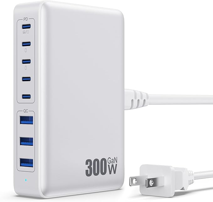 USB C Charger 300W USB C Charger Block, 8-Ports GaN IV Fast Charging Station Hub,PD 100W Laptop Charger Adapter,for MacBook Pro/Air/iPad/iPhone16/15/14/Apple Watch/DELL/Samsung for Home Office