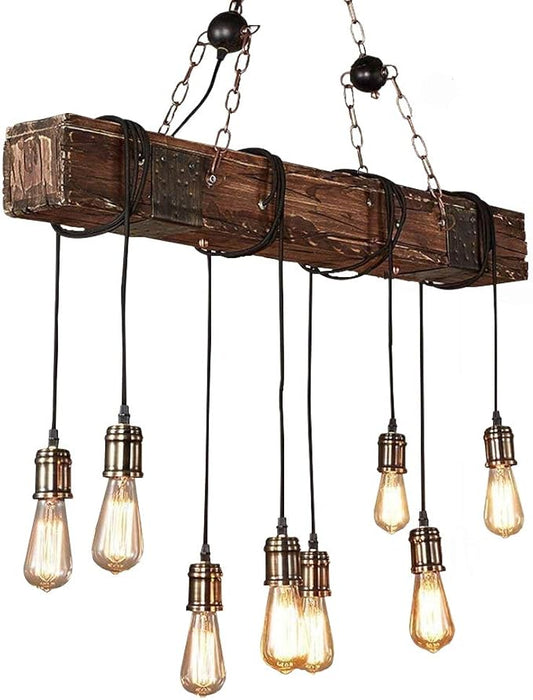 Rustic Chandeliers for Dining Room Height Adjustable Pendant Lighting 8-Light Industrial Farmhouse Chandelier 37.4" Retro Wood Island Lights for Kitchen & Pool Table