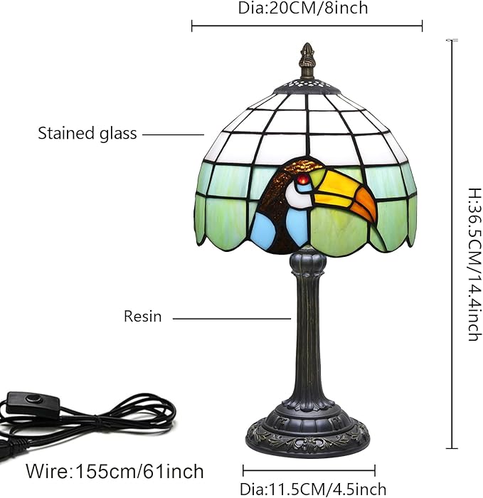 Small Tiffany Lamp Stained Glass Lamp Retro Style Bird Toucan Reading Bedside Table Lamp for Bedrooms Kitchen Dormitories Studies Antique Home Restaurant Office Decor Children's Gift 8 Inch