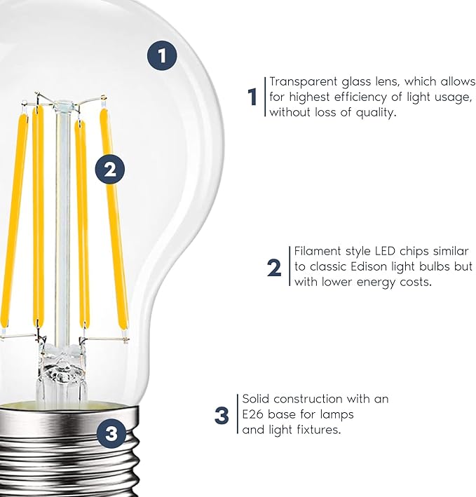 LUXRITE Vintage A19 LED Light Bulbs 100 Watt Equivalent, 1600 Lumens, 3500K Natural White, Dimmable Edison Light Bulbs, 12W, Damp Rated, UL Listed, Clear Glass Filament Bulb, E26 Medium Base (6 Pack)