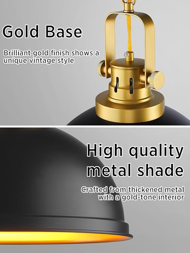 2-Pack Black Gold Pendant Lighting, Farmhouse Metal Pendant Lights Modern Matte Black Dome Industrial Light Fixture for Kitchen Island Restaurant Dining Room Hallway Entrance