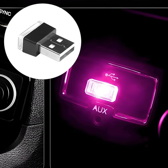 4PCS/Set USB LED Car Interior Atmosphere Lamp, Portable Mini Vehicle LED Night Light, Plug-in USB Interface Automotive Interior Ambient Lighting Kit Accessories, Universal Fit (Red/Pink)