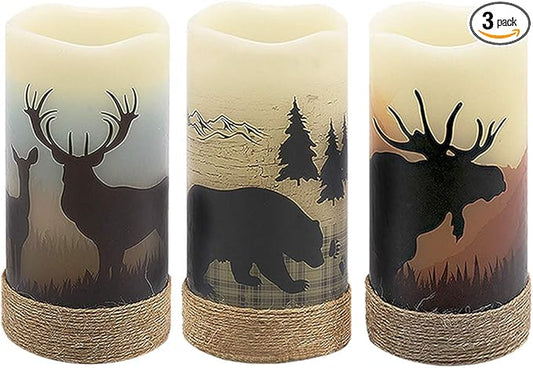 GenSwin Flameless Flickering Led Candles with Hemp Rope and 6H Timer, Battery Operated Set of 3 Real Wax Pillar Rustic Candles Warm Light with Deer, Moose, Bear Decals Decor Christmas Home(D3 x H6)