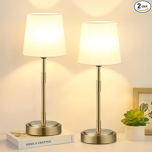 Cordless Table Lamps Set of 2 – Battery Operated Lamp with 7500mAh Rechargeable Battery, Stepless Dimmable Vintage Brass Desk Wireless Lamps for Dining Room, Nightstand & Patio (Bulbs Included)