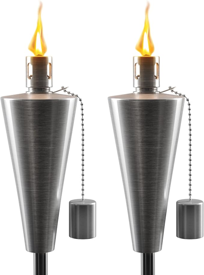 Matney Stainless Steel Torches for Outside - Outdoor Torches - Patio Garden & Yard Lights - 5 ft Oil Lamp for Citronella - Fiberglass Wick & Snuffer Cap - Set of 2 (Cone)