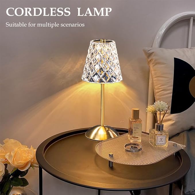 Portable Crystal Metal Desk Lamp,3-Color Touch Control, Rechargeable Battery - Ideal Bedside Lamp for Bedroom Nightstand (Golden Crystal Lamp)