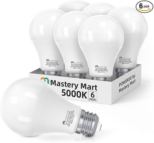 MASTERY MART A19 LED Bulbs 60 Watt Equivalent, 9W Non-Dimmable, Flicker-Free, 800 Lumens, Bright Daylight White 5000K, E26 Base, 10000 Hours, Energy Saving, Bright for Living Room, Bedroom, 6 Pack