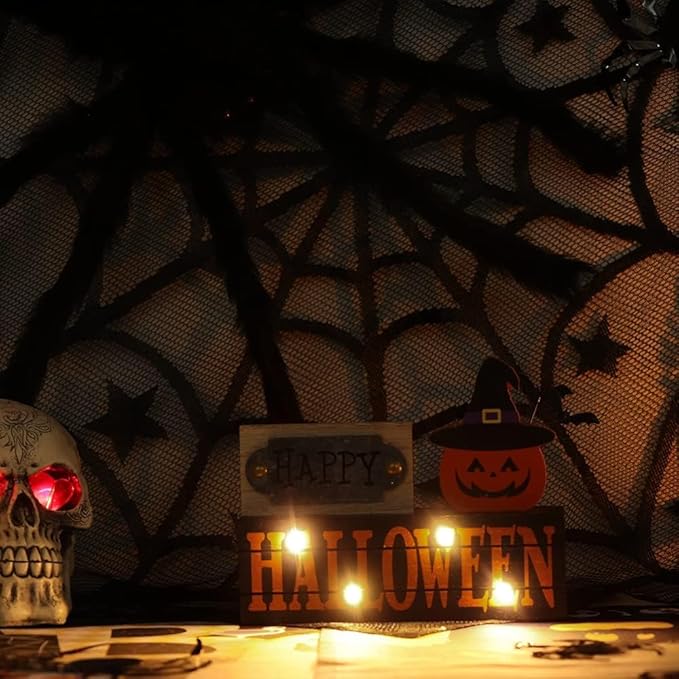 DECSPAS Halloween Decorations Indoor, Large Size 2-Layered Wood Block with LEDs and Pumpkin Face, Happy Halloween Sign Decorations for Home, Tabletop Gothic Decor for Party Shelf, Table, Mantel