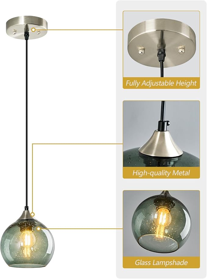 Gray Green Glass Pendant Lights Kitchen Island Lighting Globe Pendant Light Fixtures Modern Pendant Lighting for Kitchen Island Bedroom Living Dining Room Light Fixture(5.9in, 1-Pack)