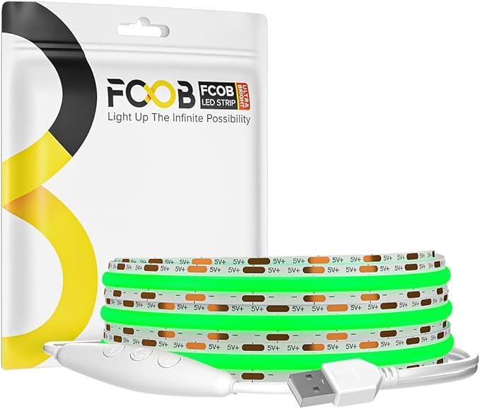 5V COB Green Led Strip Light 6.56FT USB Powered CRI90+ LED Tape Lights with Dimmer, 8mm Width Dimmable High Density Flexible Strips for TV Under Cabinet Bedroom