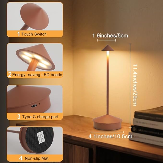 2 Pack Aluminum Cordless Table Lamp, 6000mAh Rechargeable Table Lamps, Portable Touch LED Lamp, Outdoor Waterproof Dimmable Cordless Rechargeable Table Lamps for Restaurant/Patio- Black (Brown)