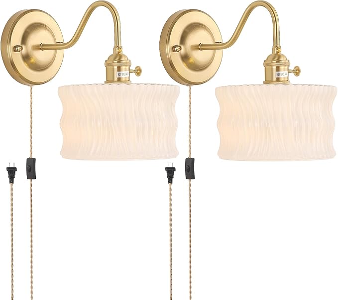 Plug in Wall Sconce Set of 2, Gold Vintage Wall Decor Lights with White Ripple Glass Shade, Indoor Brass Corded Wall Lamp Fixture for Bedroom Living Room Bathroom Hallway