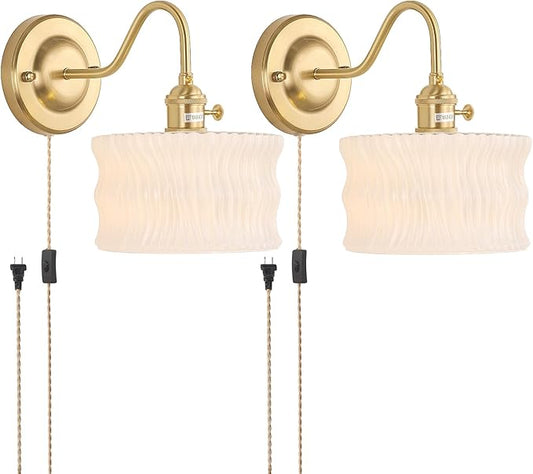 Plug in Wall Sconce Set of 2, Gold Vintage Wall Decor Lights with White Ripple Glass Shade, Indoor Brass Corded Wall Lamp Fixture for Bedroom Living Room Bathroom Hallway