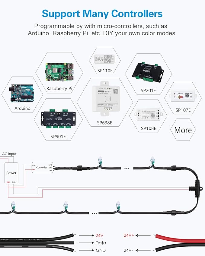 ALITOVE 24V WS2811 LED Pixel String Lights 250pcs Individually Addressable RGB Module 12mm Diffused Bullet Pixel Lights IP68 for Billboard House Halloween Christmas Outdoor Decor, 12inch Spacing