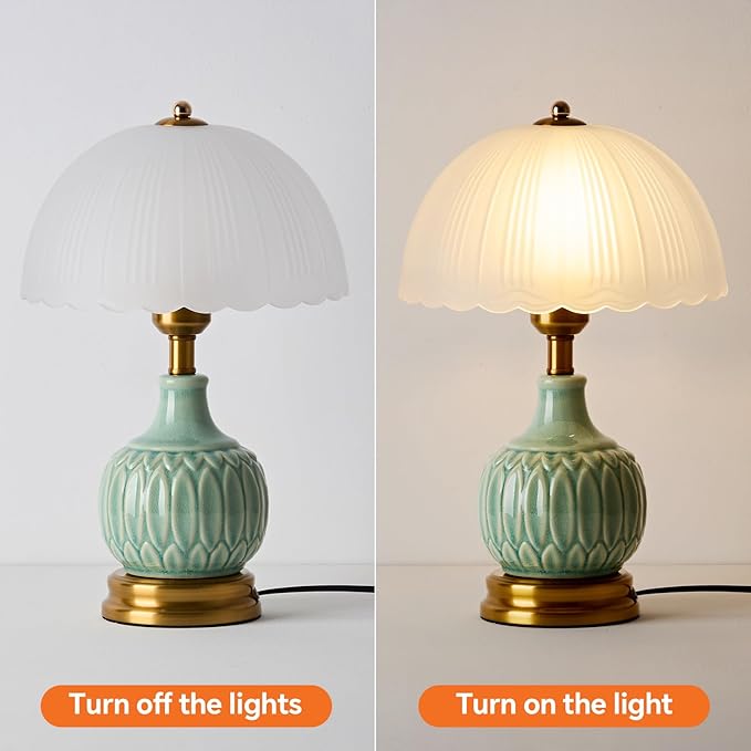 Ceramic Table lamp, Modern Bedside Lamps Green Mid Century Vintage Desk Lamp Retro Glass Mushroom Traditional Lamp for Nightstand Living Room Bedroom Home Decor (S03GN-1PACK)