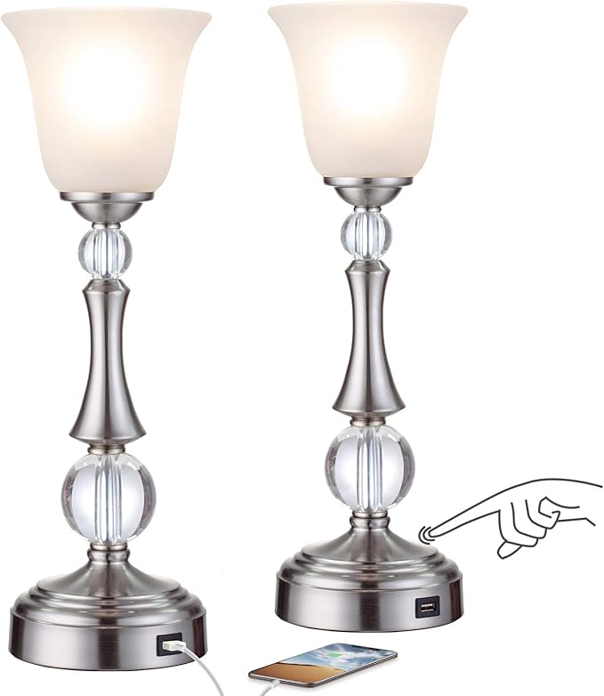 Touch Control Set of 2 Crystal Table Lamps with USB Charging Port, Bedside Nickel Desk Lamp and White Glass Shade for Bedroom Nightstand Living Room Side Table End Table, LED Bulb Included