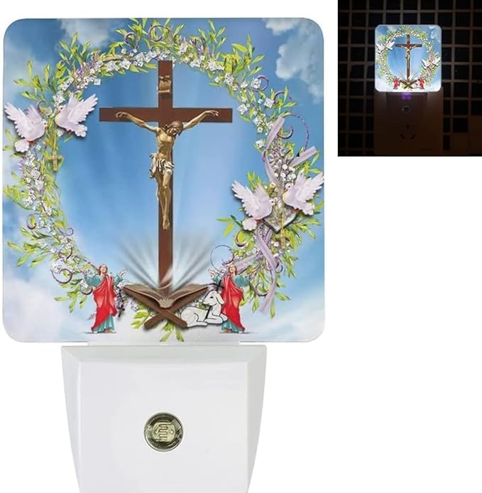 Jesus Cross Plug-in Night Light,Christian Brightness Lily Light Easter Lamp Auto Dusk to Dawn Sensor Nightlights Plug into Wall,Faith Religious Nightlight Home Decor for Kids Bedroom,Bathroom,Hallway