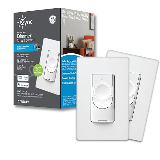 GE Lighting CYNC Smart Dimmer Light Switch, Neutral Wire Required, Bluetooth and 2.4 GHz Wi-Fi 4-Wire Switch, Compatible with Alexa and Google Home (2 Pack)
